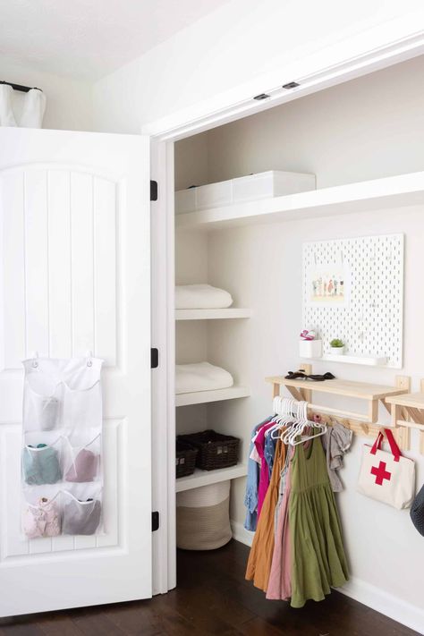 Easy DIY Built-In Closet Shelving | One Room Challenge - Week 4 - Free and Unfettered How To Put Shelves In A Closet, Bifold Closet Storage Ideas, Adjustable Wire Shelving Closet, Diy Shelves Closet, Floating Shelves In Closet, How To Build Shelves In A Closet, Floating Shelves Closet, Closet Floating Shelves, Toddler Closet Organization