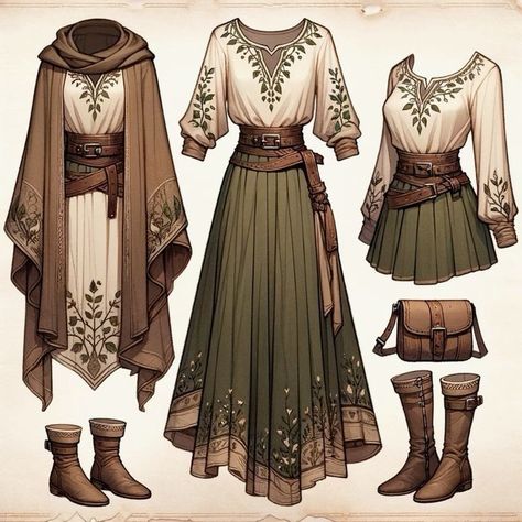 Fantasy Fashion Inspiration, Dnd Outfit Ideas, Lotr Inspired Outfits, Nature Inspired Outfits, Fantasy Inspired Outfits, Fantasy Outfits Design, Lotr Fanfic, Daydream Ideas, Rpg Clothing