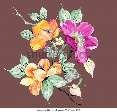 Digital Textile Flower Leaves Beautiful New Stock Illustration 2191967153 | Shutterstock Hur Man Ritar Blommor, Watercolor Flowers Pattern, Botanical Flower Art, Digital Texture, Flower Leaves, Watercolor Flower Art, Flower Art Images, Vector Flowers, Watercolor Leaves