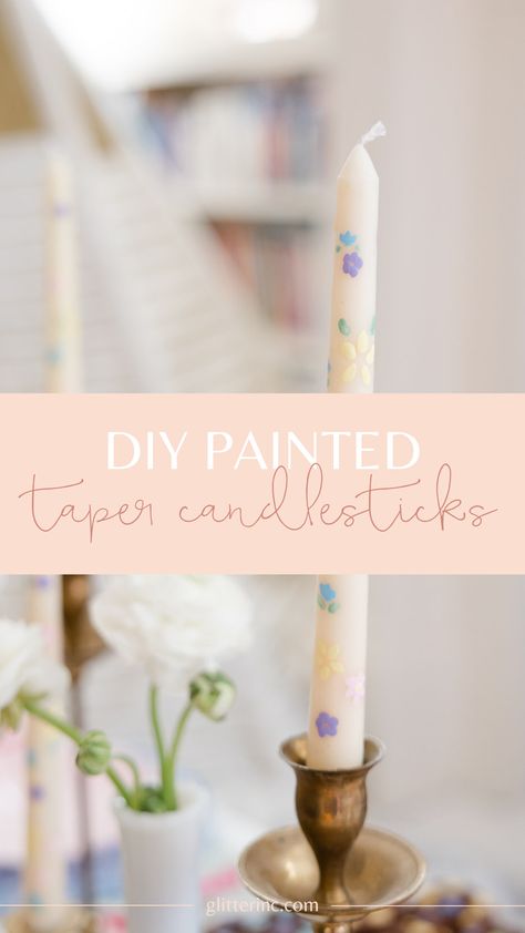 How To Hand Paint Taper Candles, Dried Flower Taper Candles, Decorate Taper Candles, Painting Candlesticks Diy, Candle Painting With Wax Diy, Hand Painting Candles, Painting Candles With Acrylic Paint, Painting Tapered Candles, How To Paint Taper Candles