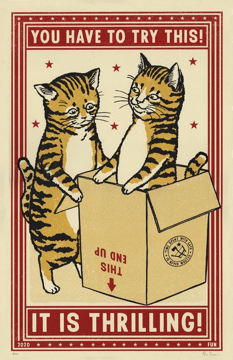 This print by Ravi Zupa, part of the “Strike Your Fancy Series” by Ravi Zupa and Arna Miller. It’s been quite a year. These posters reflect back on some of the good and the bad, the creativity and the frustration. Everyone on Earth is going to remember this year. Stay good! Being stuck inside for so much time, changed the way we thought about playtime. Sometimes you gotta go back to the basics! Ravi Zupa, Bookworm Art, Mincing Mockingbird, Drunk Cat, Illustration Kunst, Arte Doodle, Matchbox Art, Cat Reading, Cat Posters