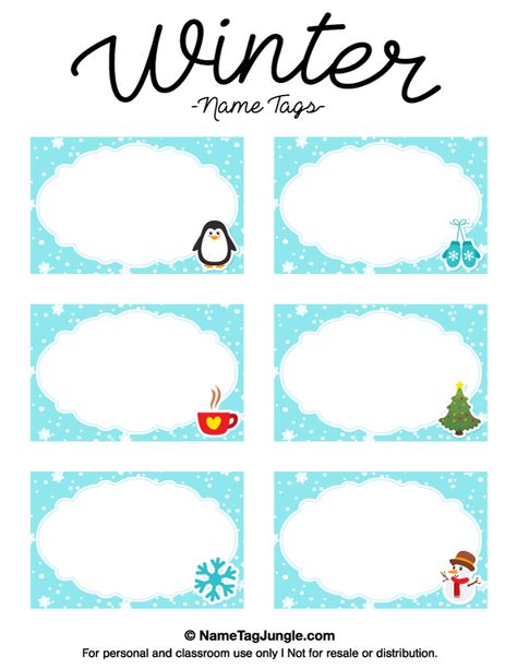 Free printable winter name tags. The template can also be used for creating items like labels and place cards. Download the PDF at http://nametagjungle.com/name-tag/winter/ Holiday Name Tags, Winter Name Tags Preschool, Winter Name Tags Free Printable, Christmas Cubby Tags, Cubby Tags Preschool Free Printable, Snowflake Name Tags, Winter Name Tags, Winter Cubby Tags, Name Tag Templates Printable Labels Free