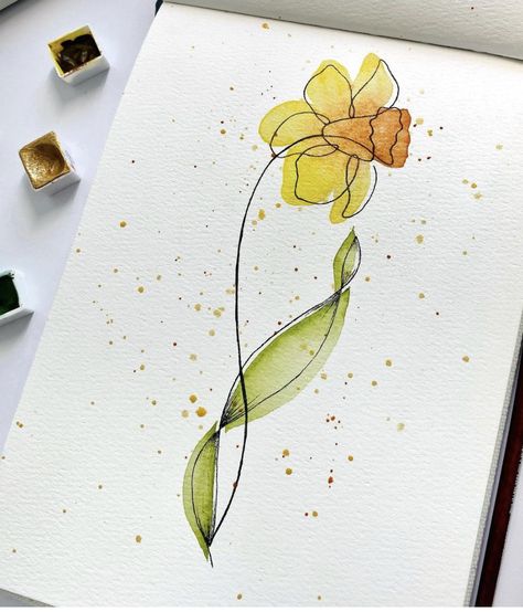 Daffodil Drawing Watercolors, Daffodil Watercolour Painting, Daffidol Drawing, Spring Sketchbook Ideas, Daffodil Flower Drawing Simple, Watercolour Easter Cards Handmade, Daffodil Tattoo Watercolor, Easy Daffodil Drawing, How To Draw Daffodils