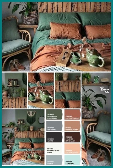 Deep Green Boho Bedroom, Copper Sheets Bedroom, Earth Color Bedroom Ideas, Cool Earthy Bedroom, Best Bedroom Color Palette, Blue Green And Brown Bedroom, Chocolate Brown Color Palette Bedrooms, Earthy Room Color Palette, Black Green Rust Bedroom