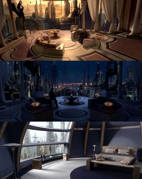 Padme Amidala & Anakin Skywalker's apartment. Naboo Inspired Room, Padme's Apartment, Padme Apartment, Padme Amidala Apartment, Star Wars Apartment, Jedi Bedroom Concept Art, Coruscant Apartment, Jedi Temple Interior, Sci Fi Palace Interior