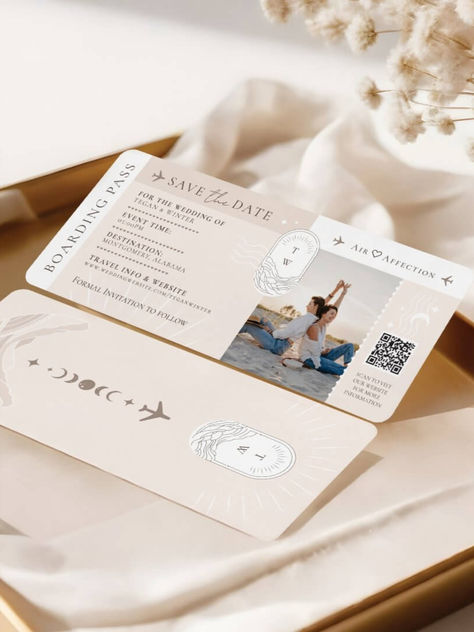 Ticket Save The Date, Qr Code Invitation, Airplane Ticket, Boarding Pass Wedding Invitation, Ticket Wedding Invitations, Plane Ticket, Modern Save The Dates, Ticket Design, Ticket Invitation