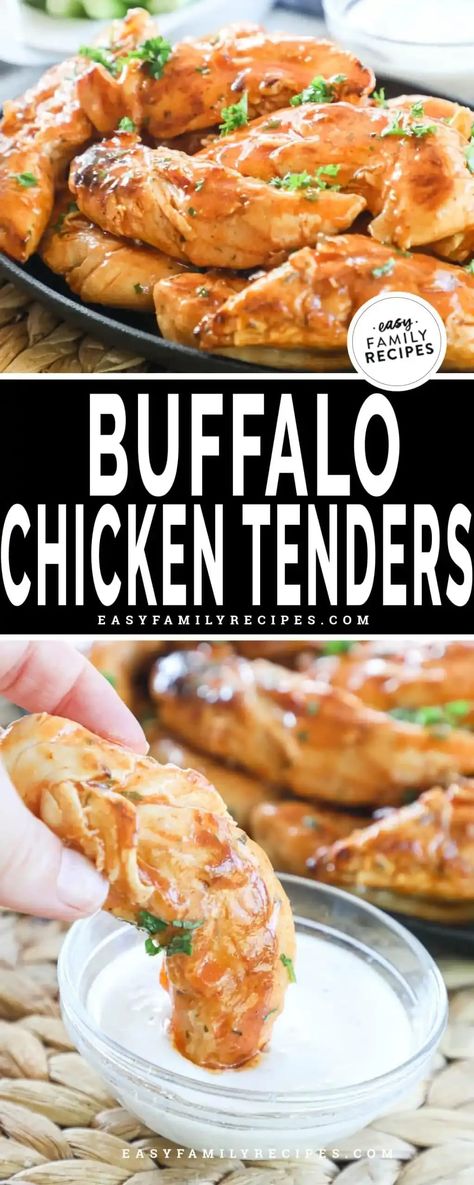 Super Fast 5 Ingredient Chicken! These saucy buffalo chicken tenders are an easy weeknight dinner recipe for anyone that loves the spicy tang of buffalo chicken. Ranch seasoned tenderloins are cooked in a skillet instead of fried, then tossed with a spicy, buttery sauce that makes them a tasty appetizer or dinner. This skillet chicken recipe is great for enjoying a classic craving in a healthier way. Serve this family friendly chicken dinner with simple sides or made into sandwiches or wraps! Grilled Buffalo Chicken Tenders, Baked Buffalo Chicken Tenders, Baked Chicken Tenderloins, Chicken Tender Salad, Buffalo Chicken Breast, Spicy Chicken Tenders, Oven Baked Chicken Tenders, Copycat Food, Simple Sides