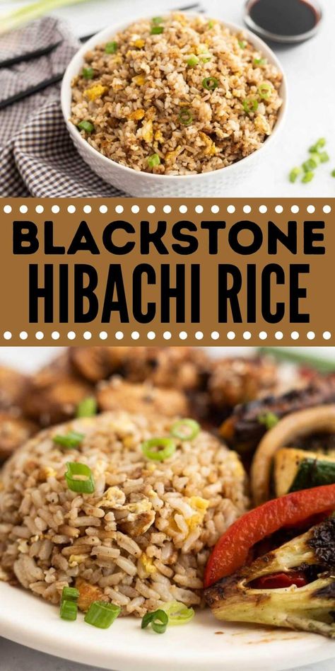 Blackstone Hibachi Rice Recipe - grillonadime.com Japanese Hibachi Recipes Blackstone, Black Stone Rice Recipes, Black Stone Rice, Rice For Hibachi, Blackstone Mushroom Recipes, Blackstone Habatchi Rice, Hibachi Grocery List, Hibachi Rice On Blackstone Griddle, Black Stone Meals Easy