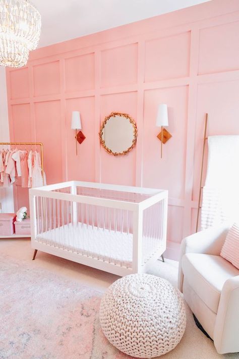 NURSERY PLANS + INSPIRATION | Love Jen Marie Pink Modern Nursery, Pink Nursery Accent Wall, Pink Accent Wall Nursery, Pink Nursery Ideas, Baby Girl Nursery Room Ideas, Pink And White Nursery, Florida Nursery, Glam Nursery, Pink Nursery Wall