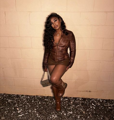 50 Shades Of Brown Outfits, Brown And Gold Outfits For Black Women, Brown Leather Corset Outfit, Brown Dress Black Women, Brown Skirt Winter Outfit, Brown Corset Outfit, Brown Outfits For Black Women, Pink And Brown Outfit, Brown Monochrome Outfit