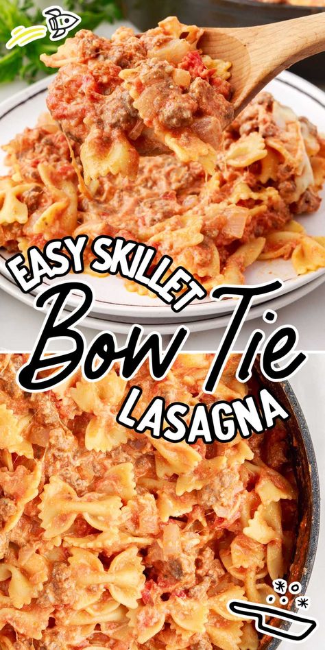 Bow tie lasagna is a comforting and easy-to-make Italian-inspired dish featuring bowtie pasta, seasoned ground beef, a medley of cheeses, and a rich marinara sauce, perfect for family dinners or casual gatherings. Bow Tie Pasta Lasagna Bake, Baked Bowtie Pasta, Bow Tie Lasagna, Bow Pasta Recipes, Bowtie Pasta Recipes, Bow Tie Pasta Recipes, Skillet Lasagna Easy, Easy Lasagna Recipe With Ricotta, Hamburger Meat Recipes Easy