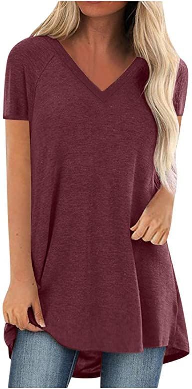 Women Summer Casual Tshirt Top Trendy Loose Fit Solid Long Tunic Tee Sexy Short Sleeve Plus Size V Neck Workout Blouse Plus Size Summer Tops, Womens Tops Dressy, Tunic Tops Casual, Casual Tunics, Shirts Women Fashion, Elegante Casual, Short Sleeve Tunic, Womens Tops Summer, Loose Blouse