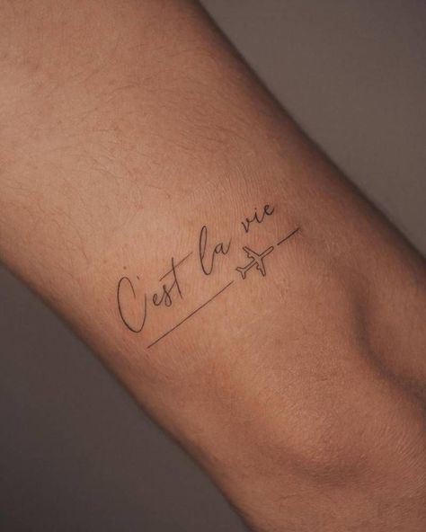 C’est La Vie Tattoo Ideas, Ce Est La Vie Tattoo, Cest La Vie Tattoo Fonts, Tattoo Letter C, Tiny Airplane Tattoo, Mini Friendship Tattoos, Tricep Tattoo Ideas, Small Airplane Tattoo, Paris Tattoo Ideas