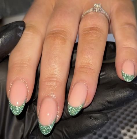 Green Glitter Tips Nails, Easy Prom Nails, Prom Nail Ideas Almond, Green Prom Dress Nail Ideas, Sparkly Light Green Nails, Prom Nails Light Green, Green Nails Homecoming, Sparkly Green French Tips, Emerald Green Prom Nails Short