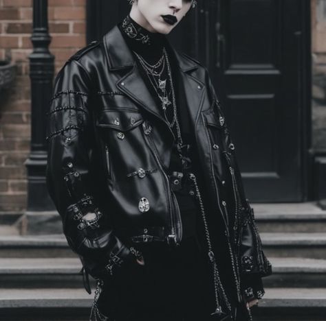 ai goth street style outfit inspiration. all black outfit with leather jacket and jewelry. #fashion #black #outfit #style #mensfashion #menswear #streetstyle #inspo #goth #punk #emo Male Goth Fashion 80s, Punk Goth Male Outfit, Goth Street Style, Goth Guy Outfits, Male Goth Outfits, Goth Leather Jacket, Gothic Outfits Men, Mens Goth Fashion, Outfit With Leather Jacket