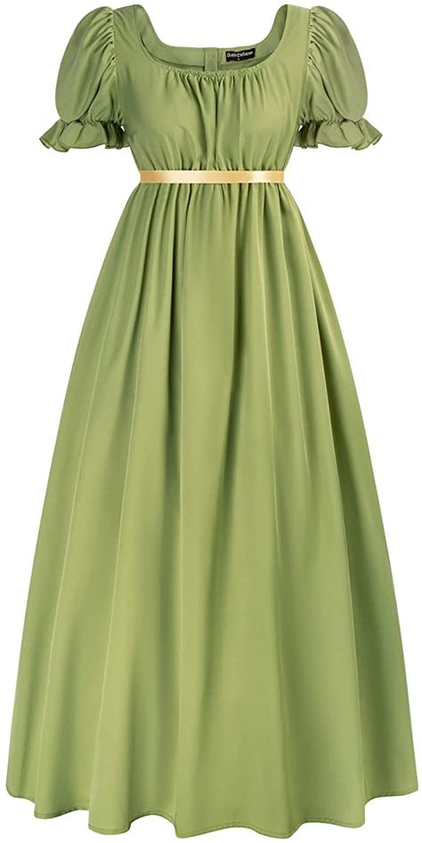 Women's Vintage Square Neck Short Puff Sleeve Swing Party Dress Victorian Long Dress Green S at Amazon Women’s Clothing store Puff Sleeve Long Dress, Bridgerton Fashion, Bridgerton Dresses, Time Period Costumes, Quirky Dress, Regency Dresses, San Francisco Fashion, Colonial Dress, Regency Clothing