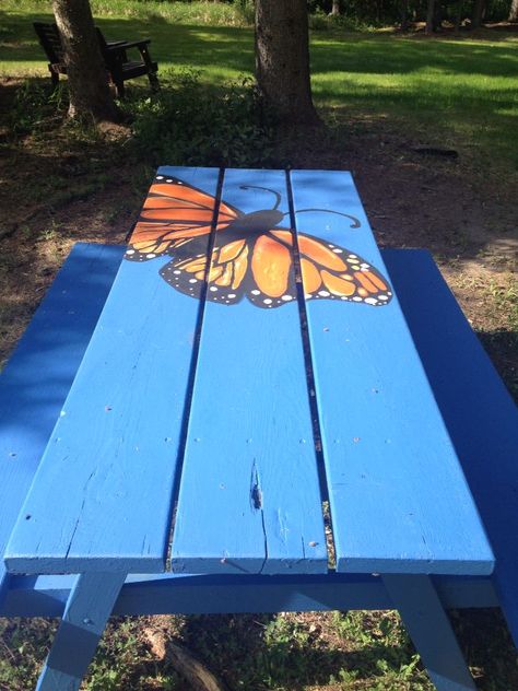 Painted Picnic Tables, Blue Bench, Outdoor Lounge Area, Playhouse Outdoor, Garden Mirrors, Picnic Tables, Outdoor Decorating, Painted Chairs, Painted Table