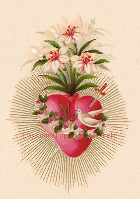 Sacred Heart Art, The Immaculate Heart Of Mary, Vintage Holy Cards, Immaculate Heart Of Mary, Heart Of Mary, Immaculate Heart, Victorian Aesthetic, The Dove, Paper Doilies