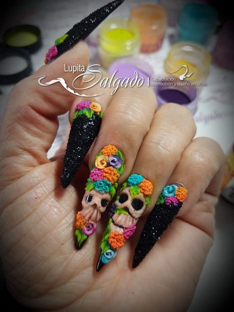 47+ Halloween Acrylic Nails for the Perfect Spooky | Halloween Nails 2023 Dia De Los Muertos Nail Ideas, Catrina Nails, Day Of The Dead Nails, Competition Nails, Dead Nails, Spooky Halloween Nails, Mexican Nails, Secret Nails, 3d Nail Art Designs