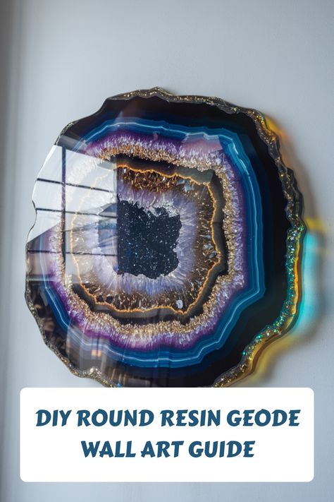 Round resin geode wall art with layers of blue, purple, and gold. Text overlay: "DIY Round Resin Geode Wall Art Guide". Epoxy Resin Wall Art, Resin Geode Wall Art, Geode Wall Art, Geode Wall, How To Make Resin, Resin Creations, Resin Geode, Art Guide, Acrylic Pouring Techniques