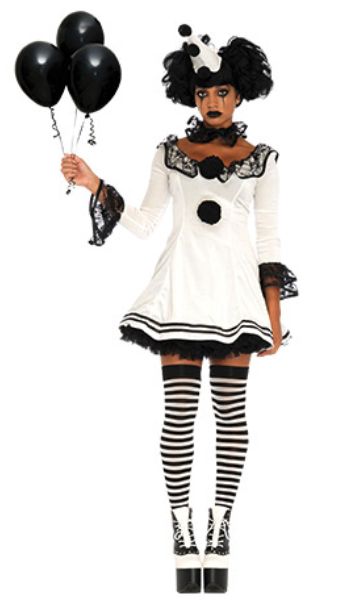 The Pantomime Pierrot costume is perfect for anyone dreaming of running off the the circus this October! The costume includes a white dress with pom pom buttons and ruffle cuff and collars, a hat and a neck ruffle. This charming costume will have you looking cute this Halloween! Pierrot Clown Costume, Pierrot Costume, Clown Costume Women, Black And White Clown, Halloweenský Makeup, Clown Halloween Costumes, Clown Hat, Pierrot Clown, Circus Costume