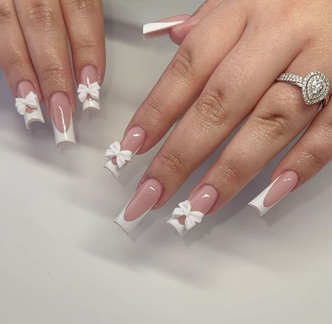 Bow Nail Designs, Medium Coffin, Milky Nails, Colored Acrylic Nails, White Acrylic Nails, Girly Acrylic Nails, Simple Acrylic Nails, Glow Nails, White Nail Designs