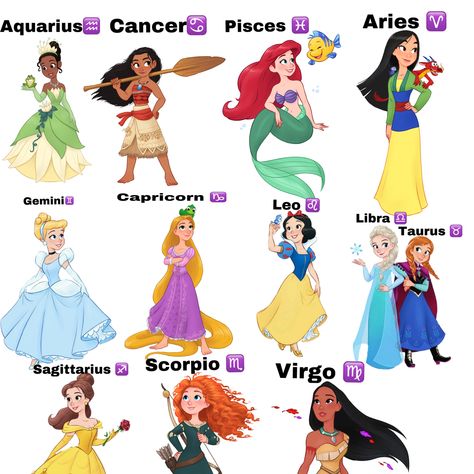 Princess Zodiac Signs, Disney Princess Zodiac Signs, Disney Princess Zodiac, Zodiac Signs Animals, Character Disney, Zodiac Signs Pictures, School Study Ideas, Zodiac Elements, Disney Princess Artwork