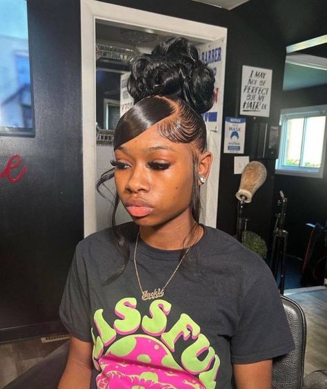 Glue In Hair Styles For Black Women, Birthday Hair Updo, Swoop Updo Hairstyles Black Women, Birthday Wig Hairstyles, Homecoming Hairstyles Black Hair, Cute Weave Hairstyles, Hairstyle For Short Hair, Black Women Braids, Hairstyle For Short