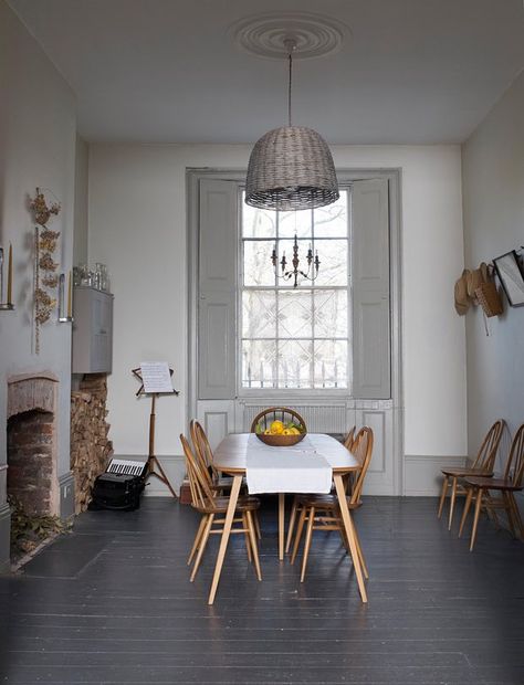 Black Floorboards, Painted Wooden Floors, Painted Floorboards, Black Wood Floors, Ercol Dining Chairs, Painted Wood Floors, Dining Room Floor, Black Dining Room Chairs, Transitional Dining Room