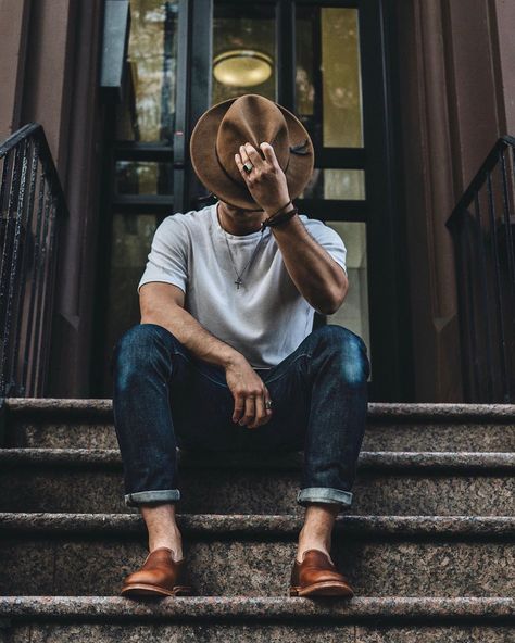 Nate on Instagram: “Summertime Essentials. ----------------------------------------------------- 🎩: @yellow108 Luke Fedora 🛠: @877workshop Cross & Shield…” Men In Hats Fashion, Wide Brim Fedora Mens Outfit, Casual Fedora Hat Outfit, Fedora Outfit Men, Mens Fedora Hat Outfit, Casual Hat Outfit, Outfits With Fedora Hats, Fedora Hat Men Outfits, Outfit Sombrero