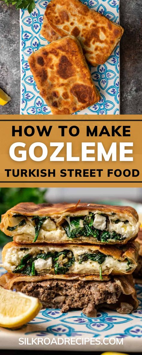 Here are some expert tips on making Gozleme, a delicious Turkish street food. Gozleme is a crispy flatbread hand sandwich that is stuffed with vegetables, meat, and cheese. However, this recipe contains my favorite spinach and feta filling, or you can add meat filling instead. It's extremely versatile and easy to make. Gozleme Recipe, Turkish Street Food, Turkish Flat Bread, Turkish Flatbread, Stuffed Flatbread, Crispy Flatbread, Middle East Recipes, Flatbread Recipes, Lebanese Recipes