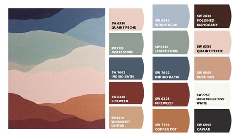 Pale Gray +blue+ Terracotta Palette, Cabin Colour Palette, Grey Blue Terracotta Living Room, Terracota Blue Palette, Blue Terracotta Living Room, Blue Boho Color Palette, Sherwin Williams Color Pallets, Mountain Cabin Color Palette, Western Home Color Scheme