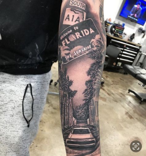 Florida Tattoos For Men, Miami Tattoo Ideas Men, Carribean Tattoos, Florida Tattoo Ideas For Men, Florida Themed Tattoos, Florida Tattoo Ideas, Florida Tattoo For Women, Florida Inspired Tattoo, Miami Tattoo Ideas