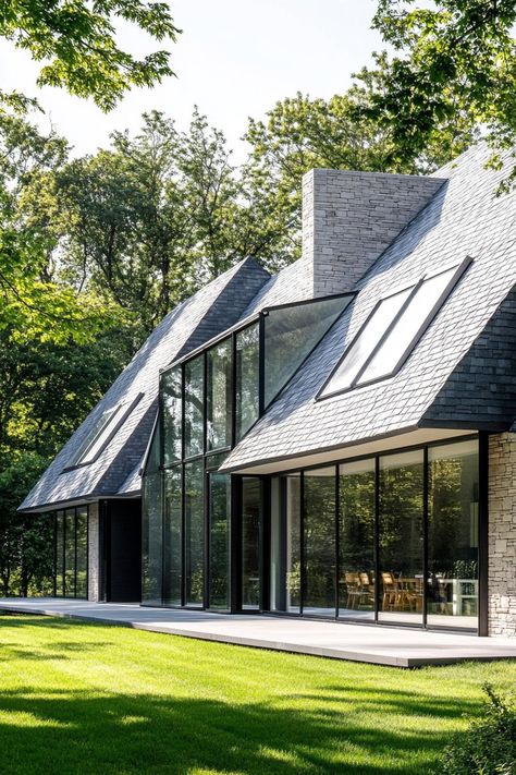 Long house with large windows and a stone exterior, surrounded by lush greenery. Long houses — where stretching out means more than just a good night’s sleep—it’s an adventure in architectural sprawl! Long Houses, House With Big Windows, House With Large Windows, Barndominium Houses, Stone Chimney, Stone Exterior, Long House, Suburban House, House Blend