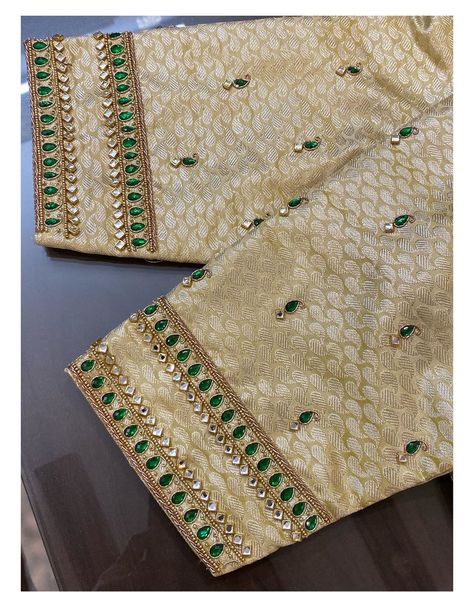 Kundan Work Blouse Designs Latest, Work On Brocade Blouse, Kundan Work Blouse Designs, Work Blouse Designs Latest, Brocade Blouse Designs, Boat Neck Blouse Design, Cotton Blouse Design, Kundan Work, Saree Blouse Neck Designs