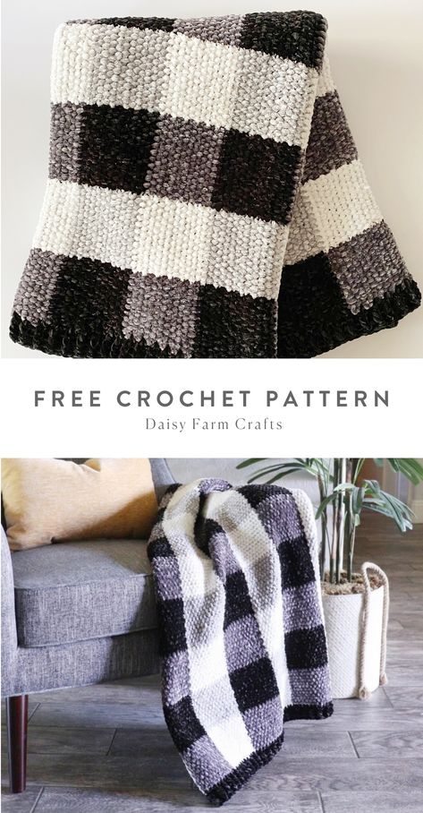 Free Pattern - Crochet Buffalo Check Gingham Throw Gingham Blanket, Motifs Afghans, Modern Haken, Daisy Farm, Plaid Crochet, Crochet Black, Confection Au Crochet, Crochet For Beginners Blanket, Farm Crafts