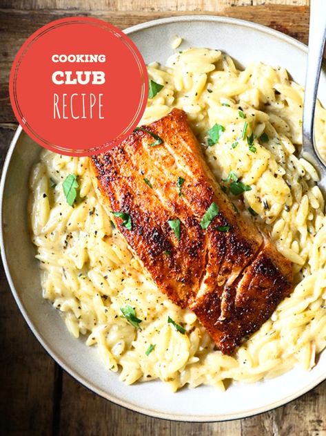 One pot Salmon Alfredo Orzo - Serving Dumplings Creamy Salmon Orzo, Orzo Recipes Salmon, Orzo Salmon Recipes, Salmon And Orzo Dinners, Salmon And Orzo Recipe, Alfredo Orzo, One Pot Salmon, Salmon Orzo Recipe, Salmon Orzo