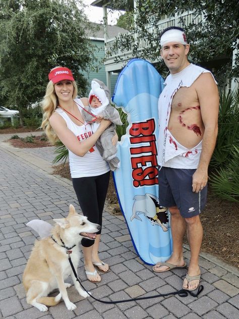 Shark attack! Baby shark, dog shark, shark bite surfer victim, and lifeguard family group Halloween costume Lifeguard Halloween, Lifeguard Costume, Shark Halloween Costume, Shark Halloween, Newborn Halloween Costumes, Matching Halloween Costumes, Shark Costumes, Newborn Halloween, Cute Couple Halloween Costumes