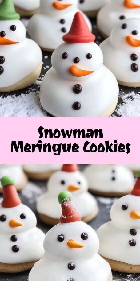 Festive Snowman Meringue Cookies - Light & Airy Holiday Treat Bring a frosty delight to your holidays with these Snowman Meringue Cookies! Perfectly light, sweet, and melt-in-your-mouth, they're ideal for festive gatherings or as cute edible gifts. Get creative with mini chocolate chips, colorful candy decorations, and surprise your guests with a delightful winter dessert! Meringue Snowman, Mini Meringues, Cookies Light, Winter Dessert, Melting Snowmen, Snowman Cookies, Make A Snowman, Winter Desserts, Candy Decorations