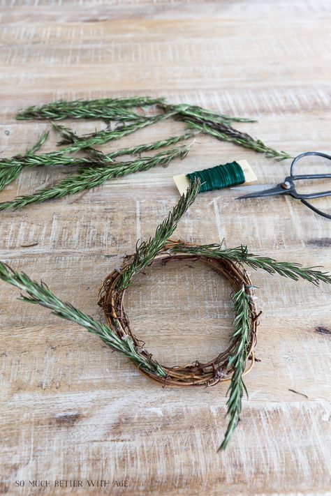 DIY Rosemary Garland and Wreath | So Much Better With Age Rosemary Wreath Diy How To Make, Rosemary Wreath Diy, Rosemary Garland, Rosemary Wreath, Gifting Packaging, Vine Wreaths, Ribbon Sticks, Diy Wooden Crate, Winter Market