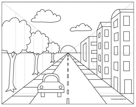 Draw A City, Perspective Tutorial, One Point Perspective Drawing, 1 Point Perspective Drawing, Perspective City, Perspective Lessons, معرض فني, Perspective Drawing Lessons, One Point Perspective