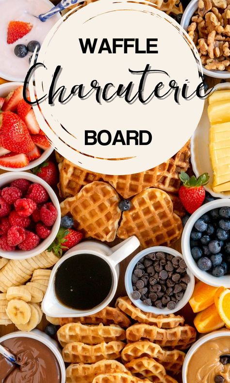 Belgian Waffle Bar Ideas, Waffle Grazing Board, Waffle Bar Charcuterie Board, Waffle Station Ideas Food Bars, Mini Waffle Charcuterie Board, Pancake Board Breakfast Recipes, Waffle Appetizer Ideas, Waffle Station Ideas, Brunch Snack Board