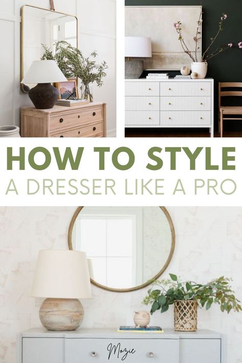 We're showing you exactly how to style a dresser six different ways! This is seriously the cutest dresser decor! Styling Dresser In Living Room, Decor On Dresser Top, Wood Dresser Decor Bedroom, Styling A Tall Dresser, How To Style A Tall Dresser, Dresser Decor Bedroom Ideas, Tall Dresser Styling, How To Decorate Dresser, Decorating A Dresser Top