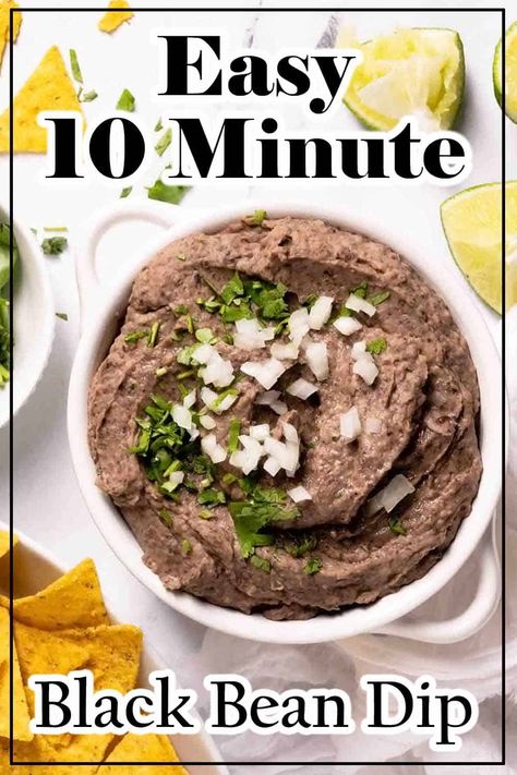 This is a quick and easy bean dip you can make in 10 minutes, with no cooking involved! It's also vegan and can be made ahead of time, perfect for easy entertaining! Spicy Black Bean Dip Recipe, Bean Dip Vegan, Easy Bean Dip, Black Bean Dip Recipe, Baked Plantain Chips, Bean Dip Recipe, Black Bean Hummus, Dip Vegan, Bean Dip Recipes