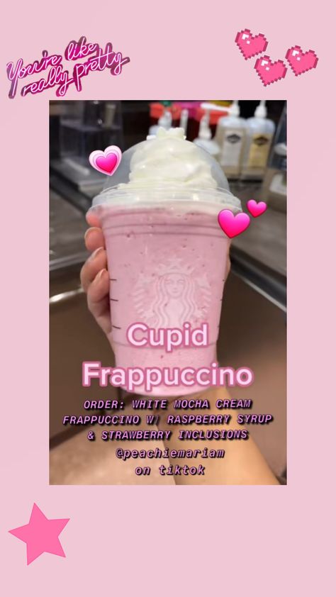 #cupid #starbucks #drink Cupid Starbucks Drink, Valentines Day Starbucks Drinks, Cupid Frappuccino, Cupid Drink, Valentine’s Day Starbucks Drinks, Starbucks Secret Menu Drinks Valentines Day, Hello Kitty Starbucks Drink, Valentines Starbucks Drinks, Kpop Starbucks Drink