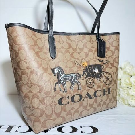 NWT! Coach City Tote Halloween Horse And Carriage Bag Purse Coach City Tote, Halloween Horse, Horse And Carriage, Horse Carriage, Bags Coach, Signature Canvas, Coach Handbags, Coach Bags, Smooth Leather