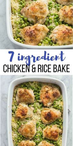 This easy Chicken and Rice Bake has just 7 ingredients and is so easy to customize! Get a healthy dinner on the table with minimal effort and maximum flavor with this Chicken Rice Casserole. Uses chicken thighs basmati rice peas and an easy seasoning blend. #chicken #rice #recipe #dinner #healthy #healthrecipe Chicken Rice And Peas Casserole, Chicken Pea Casserole, Chicken And Peas Casserole, Chicken Rice Peas Casserole, Chicken Thigh Rice Bake, Chicken And Peas Recipes, Chicken And Basmati Rice Recipes, Chicken Peas Recipe, Chicken Thigh Casserole