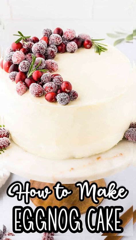 This festive eggnog cake recipe is three light and fluffy layers of cake sandwiched between decadent buttercream frosting. Decorated Pies, Eggnog Cake Recipe, Chocolate Spritz Cookies, Homesteading Recipes, Fluffy Layers, Eggnog Cake, Delicious Holiday Desserts, Flat Cakes, Postre Keto