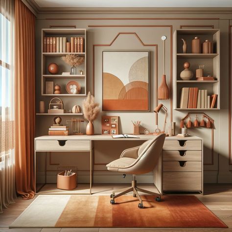 Terracotta Office, Terracotta Interior, Purple Accent Chair, Beige And Terracotta, Beige Room, Trending Colors, Green Curtains, Study Aesthetic, Front Door Colors