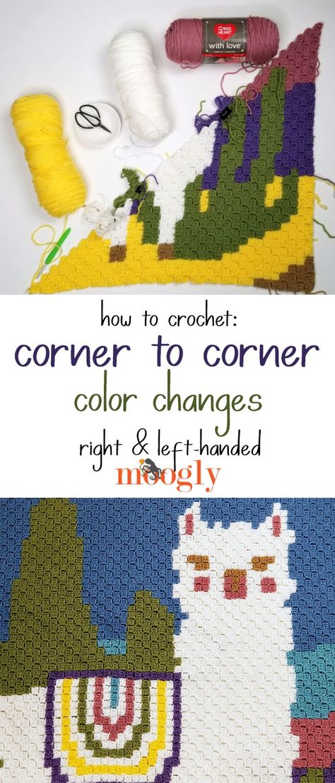 Get the best methods and tips for changing colors in Corner to Corner or C2C crochet on Moogly, in both right and left-handed video tutorials! Make any image with ease with these special techniques!  #crochet #cornertocorner #c2c #mooglyblog #graphgans #pixel #yarnspirations #redheartyarns Crochet Corner To Corner, Diy Granny Square, Change Colors In Crochet, Crochet C2c Pattern, C2c Crochet Pattern Free, C2c Crochet Blanket, Corner Crochet, Corner To Corner Crochet, Crochet Abbreviations